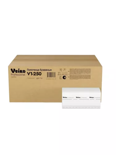 V1-250 Veiro Professional Lite Полотенца для рук в листах V-сложения, 1-слойные, 20 пачек по 250 листов