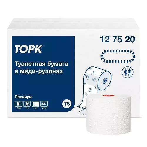 127520 Tork Premium туалетная бумага Mid-size в миди-рулонах мягкая, 2сл., 90 м, 27рул.*упак.